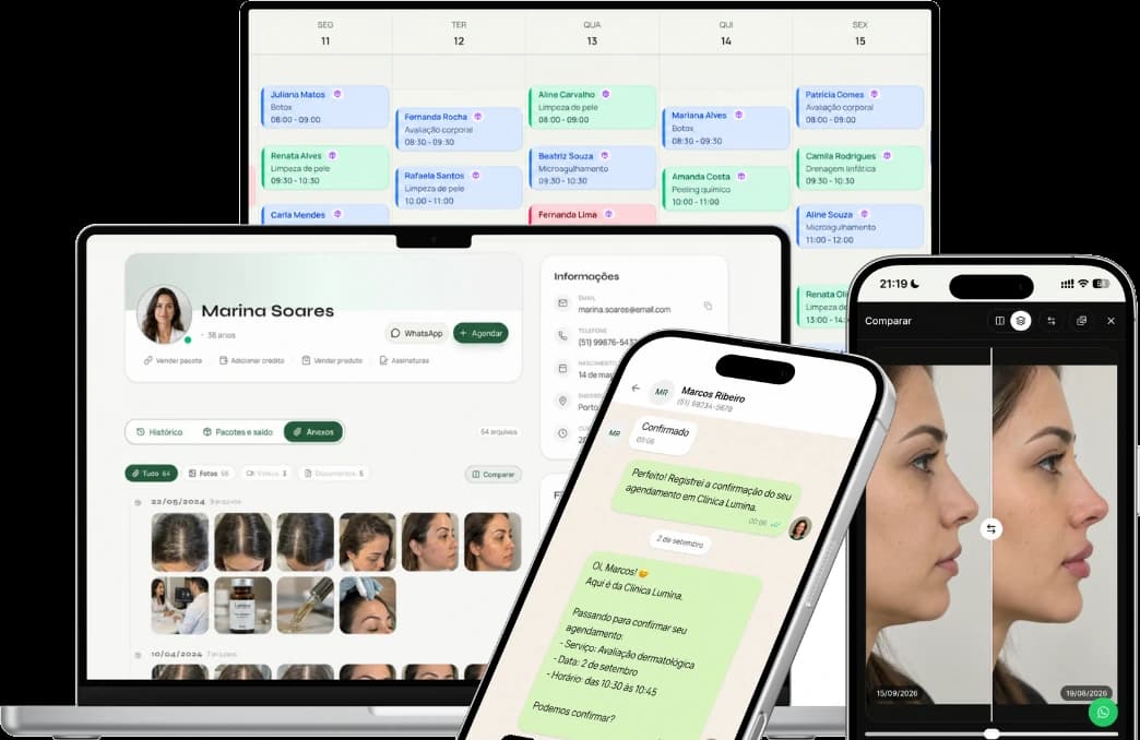 O Harmony aberto em quatro telas: a agenda da semana, a ficha da paciente com as fotos do tratamento, a conversa de confirmação com a Mony no WhatsApp e a comparação entre a foto de antes e a de depois da paciente