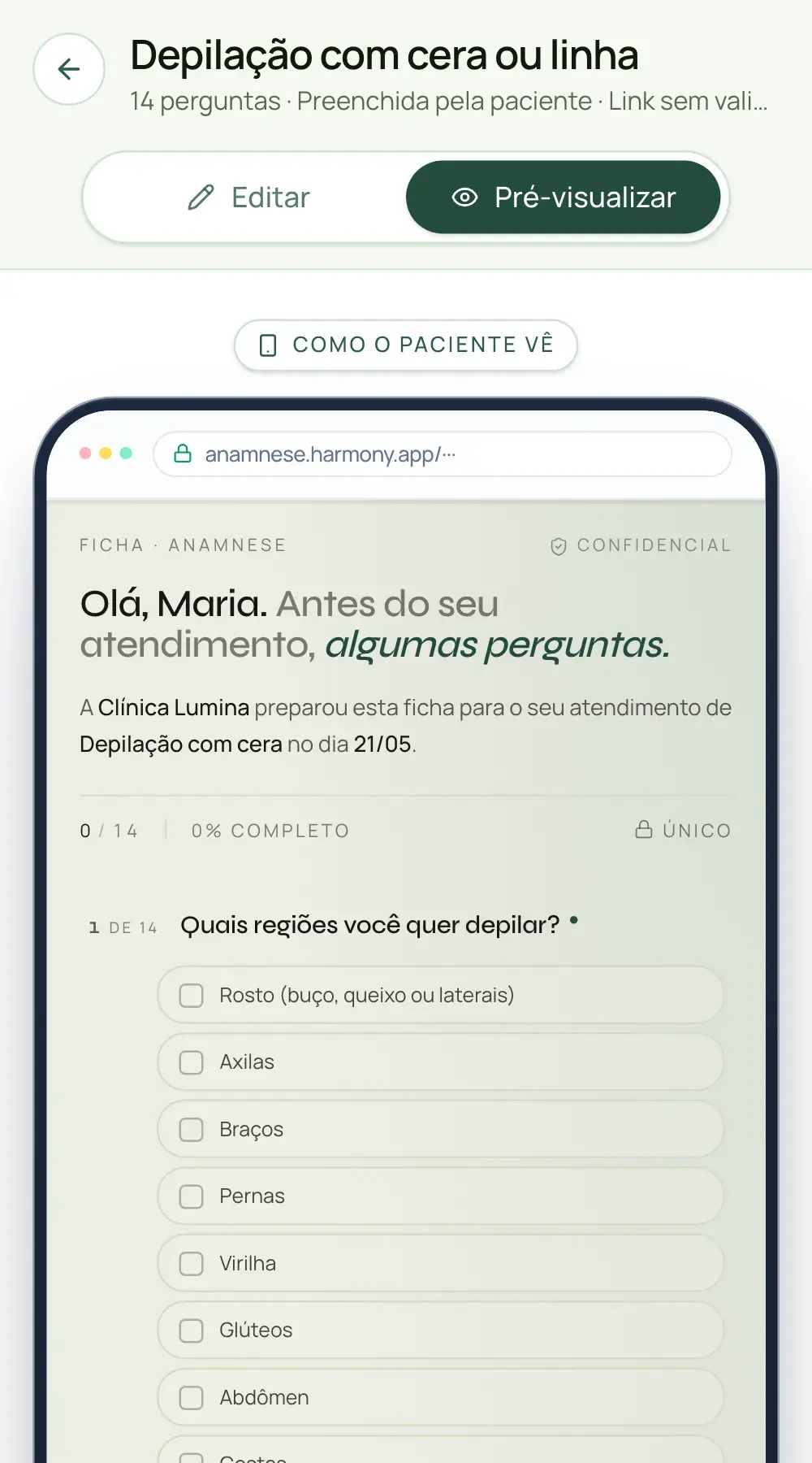 Editor de modelo de anamnese no Harmony, com a prévia de como o paciente vê a ficha no celular