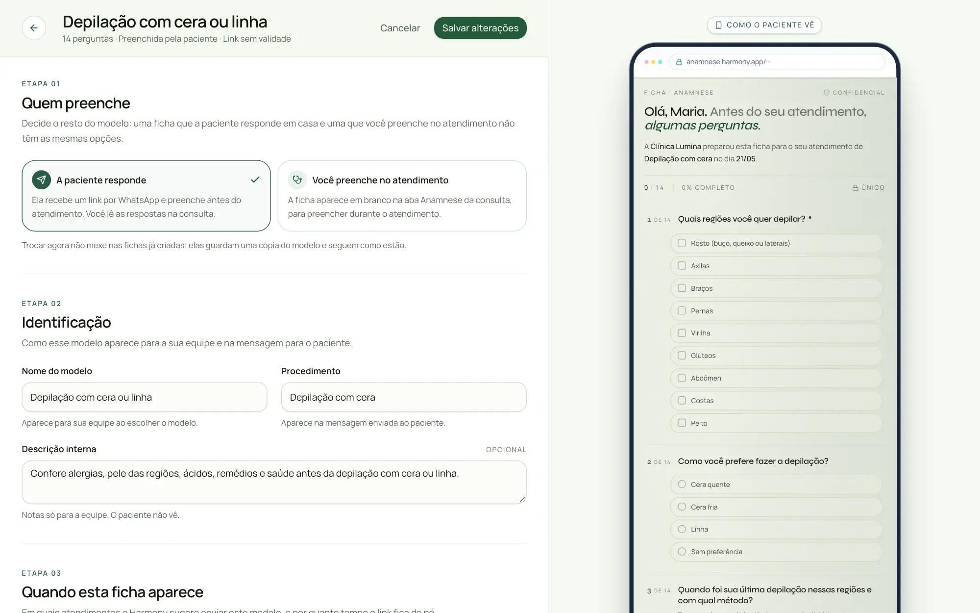 Editor de modelo de anamnese no Harmony, com a prévia de como o paciente vê a ficha no celular