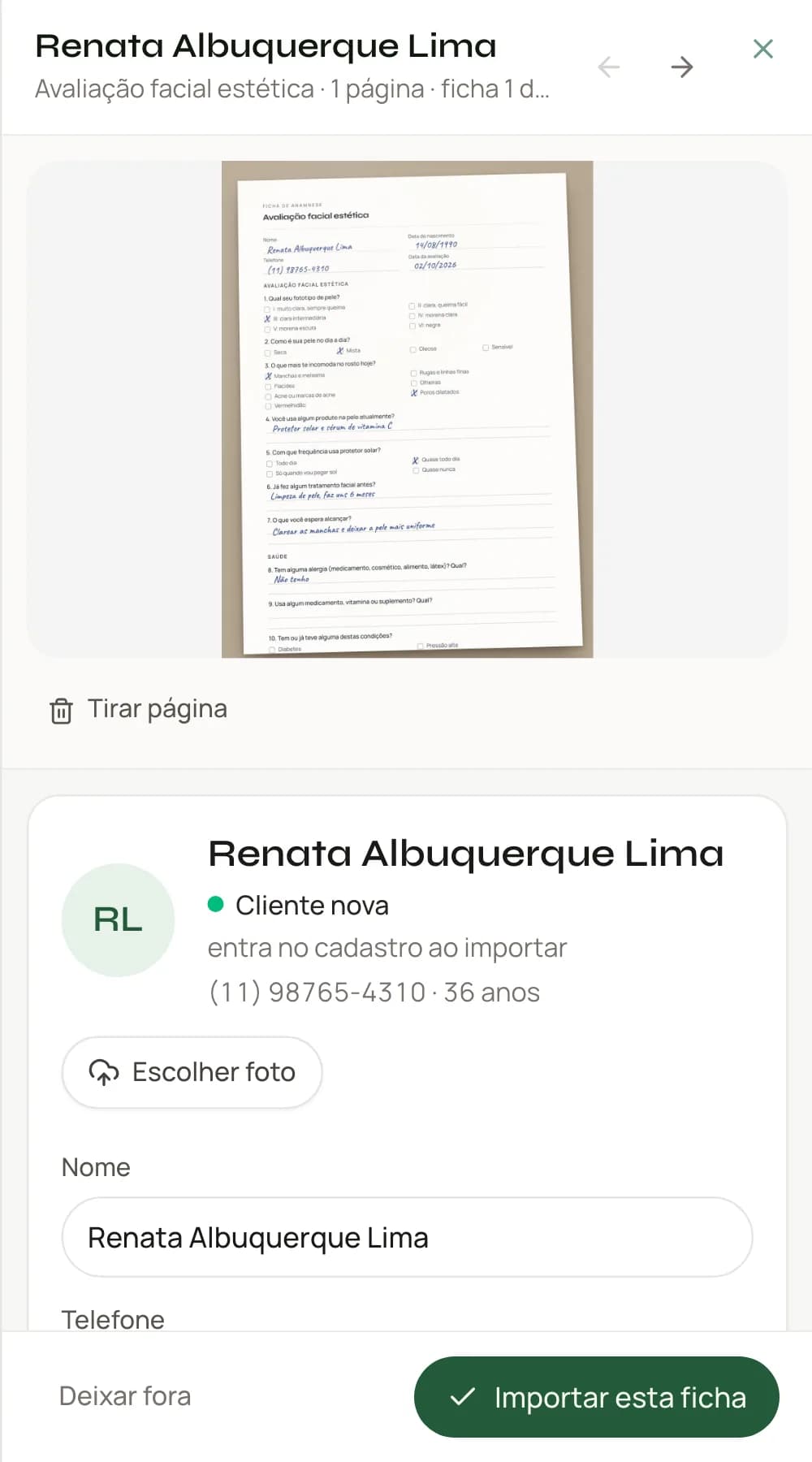 Conferência de uma ficha de papel no Harmony: a foto da ficha ao lado do cadastro que saiu dela