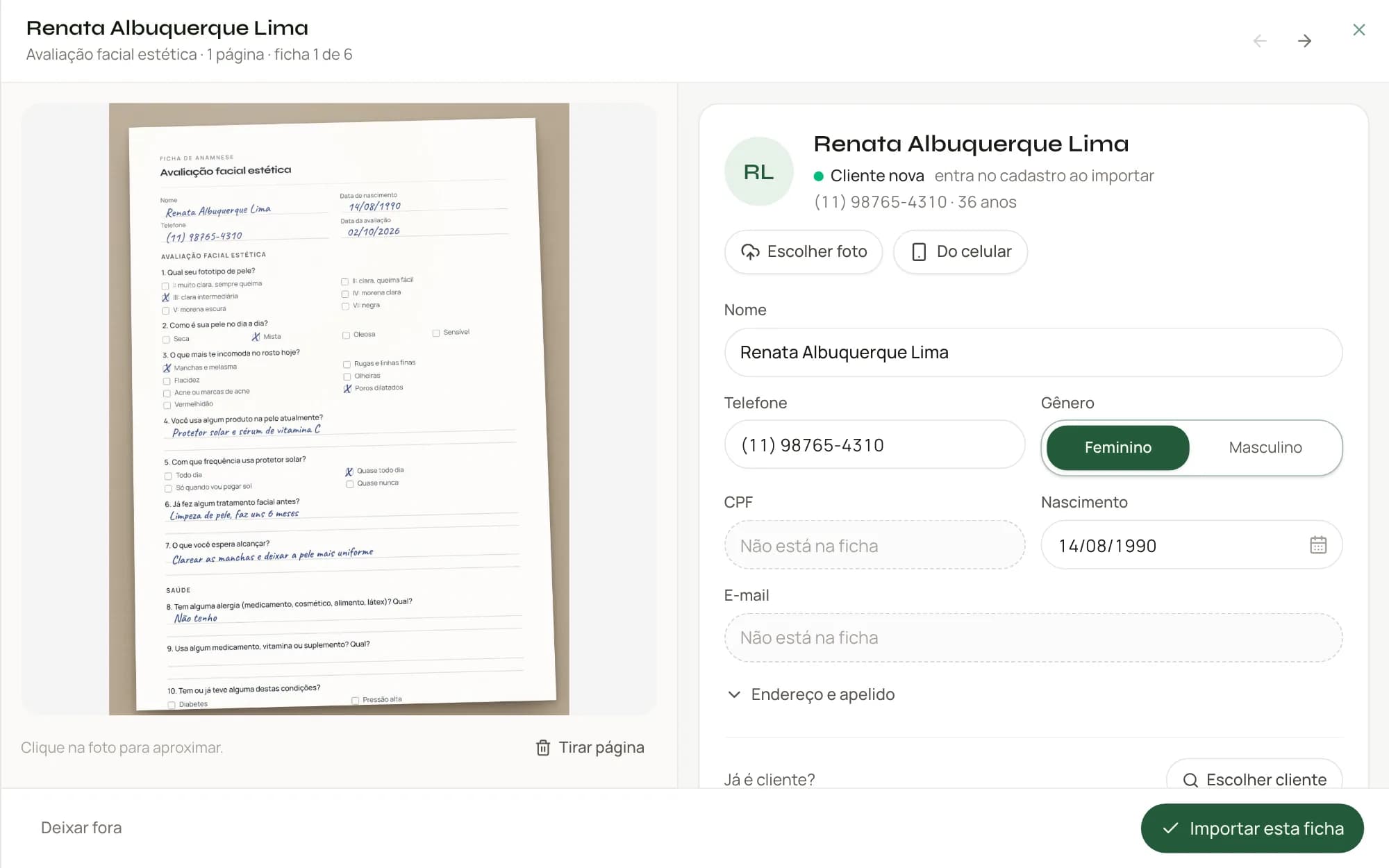 Conferência de uma ficha de papel no Harmony: a foto da ficha ao lado do cadastro que saiu dela